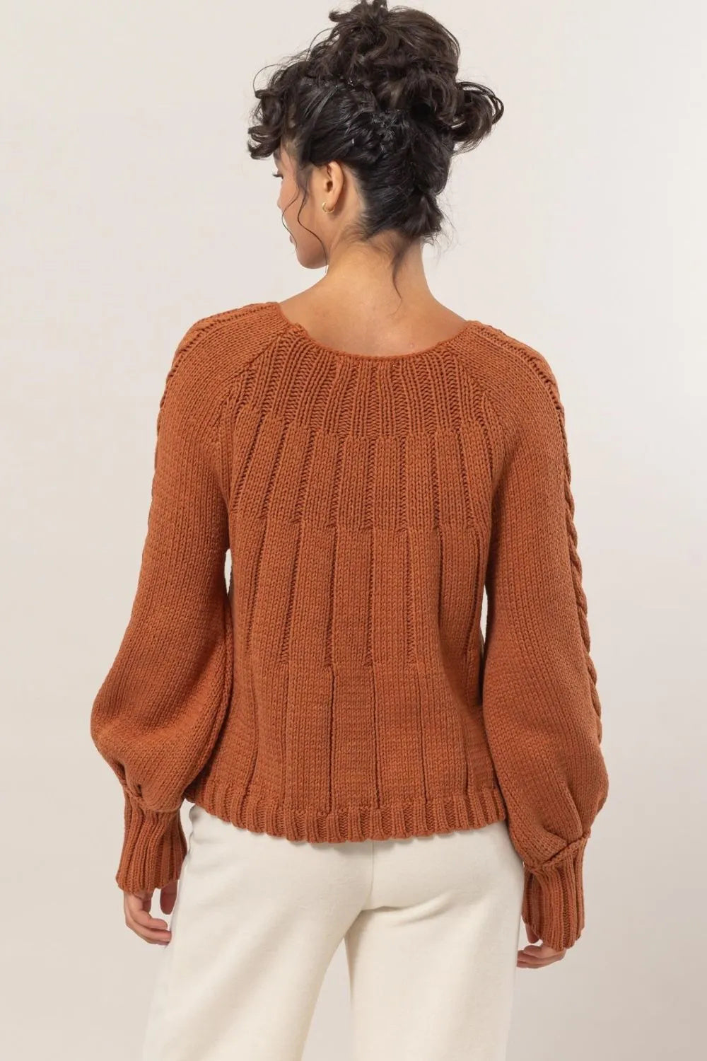 RM Cable-Knit Round Neck Raglan Sleeve Sweater