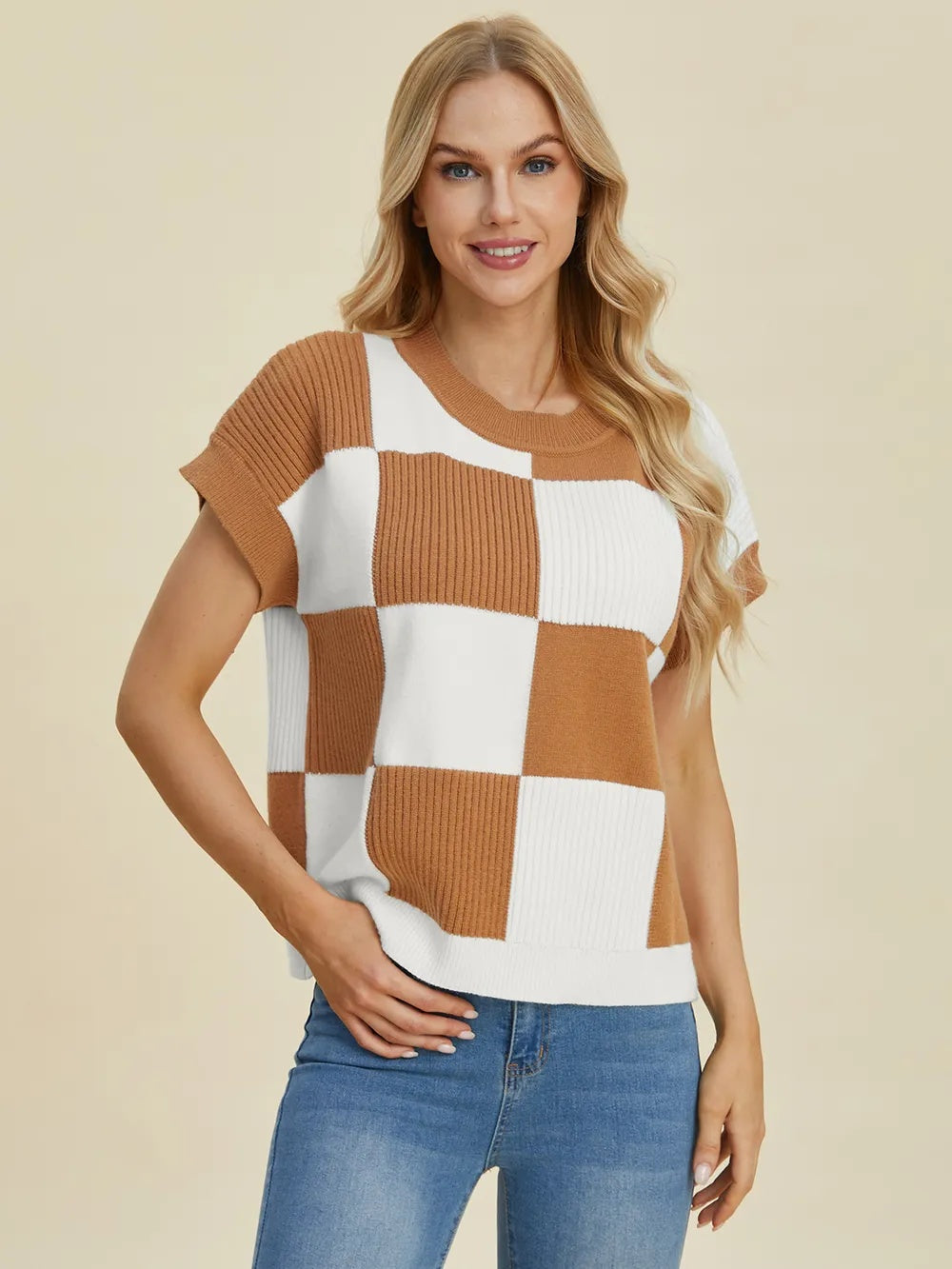 RM Double Take Full Size Checkered Round Neck Short Sleeve Sweater