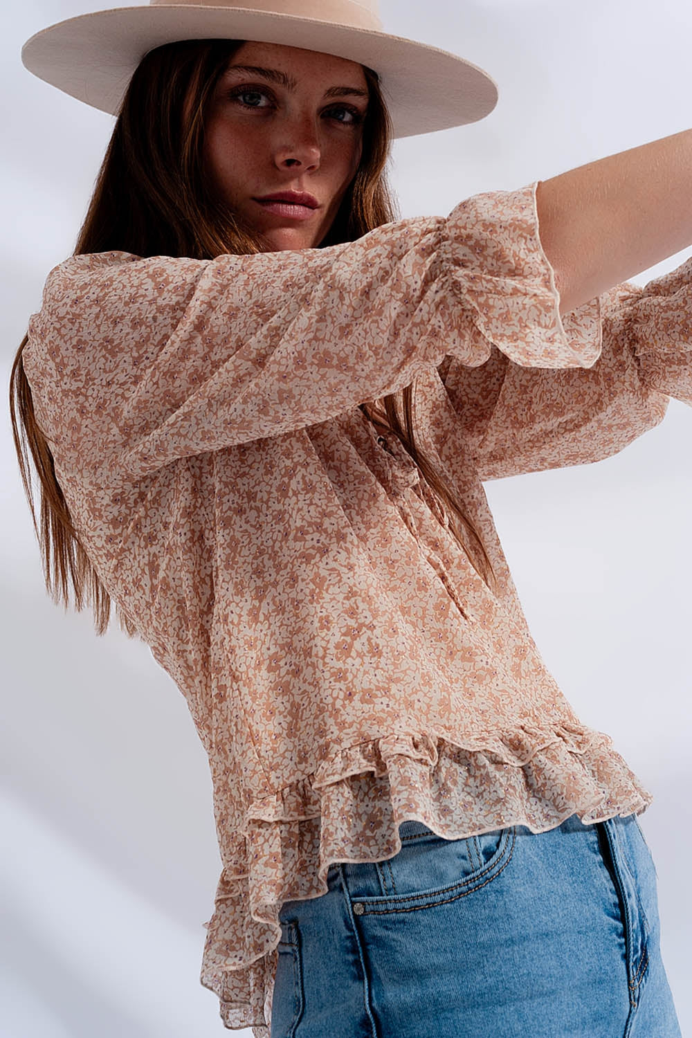 RM Tie Front Chiffon Blouse in Beige Floral Print