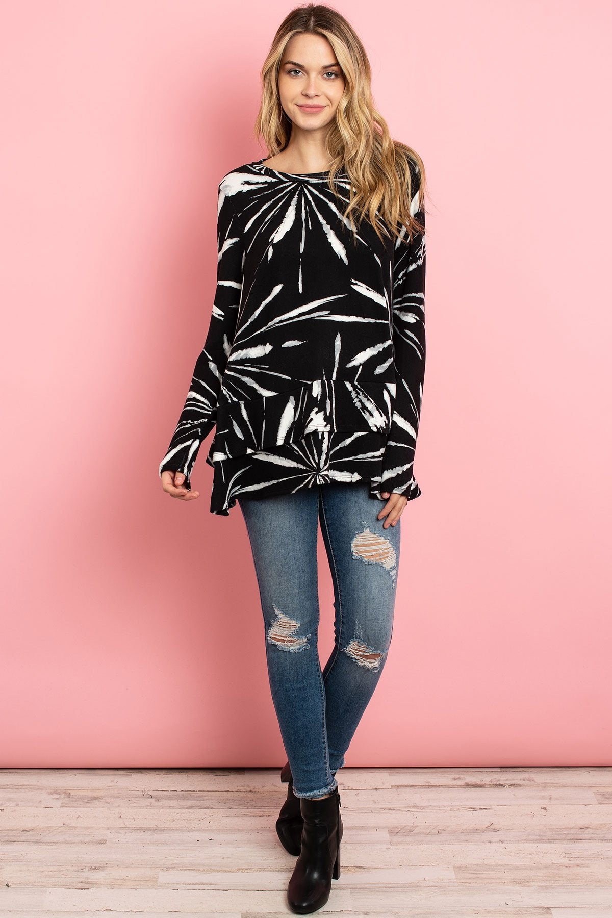 RM Long Sleeves Tied Dye Layered Detail Hem Top