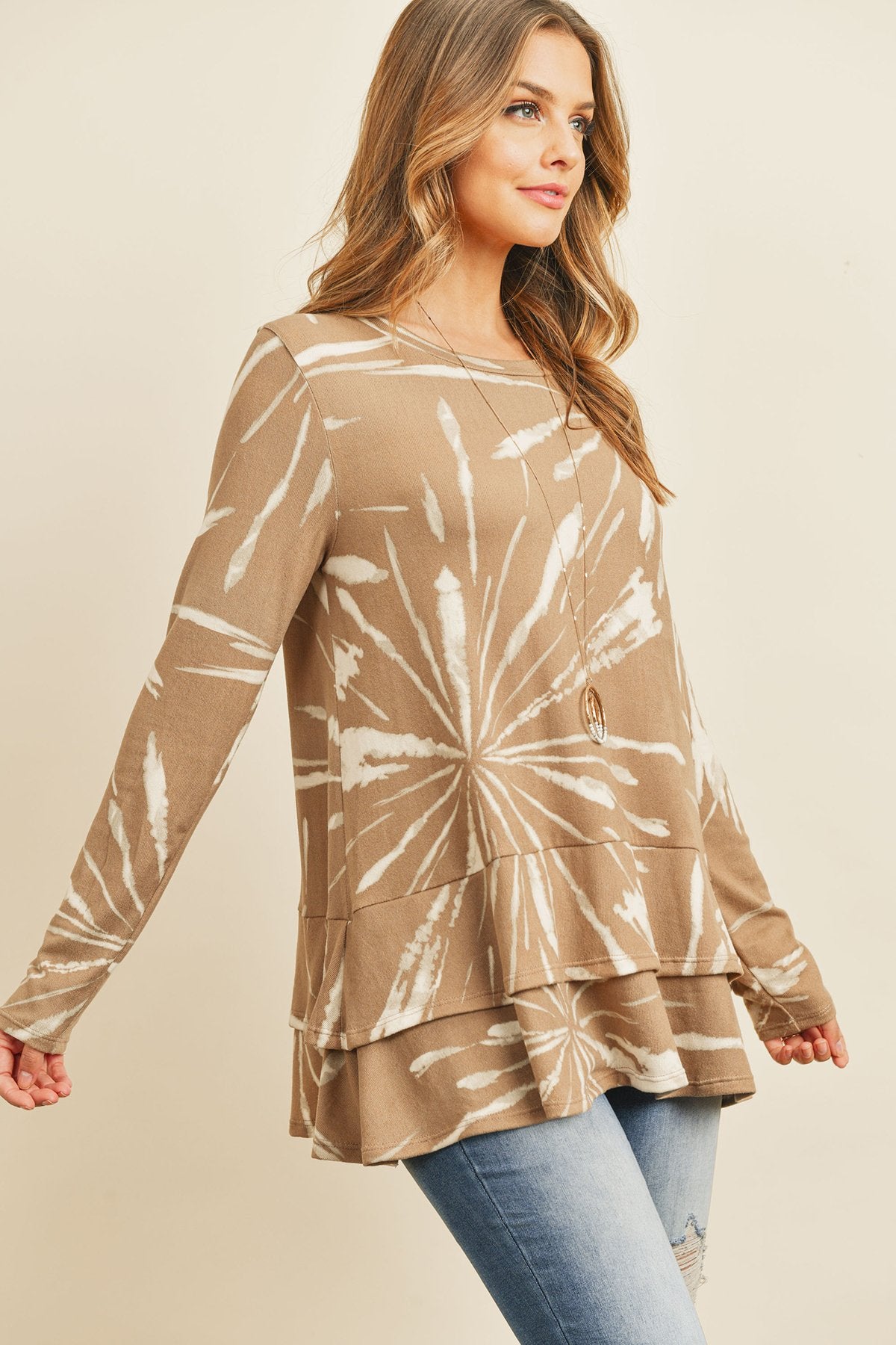 RM Long Sleeves Tied Dye Layered Detail Hem Top