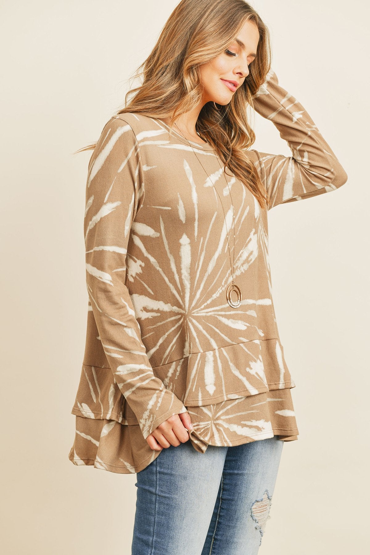 RM Long Sleeves Tied Dye Layered Detail Hem Top