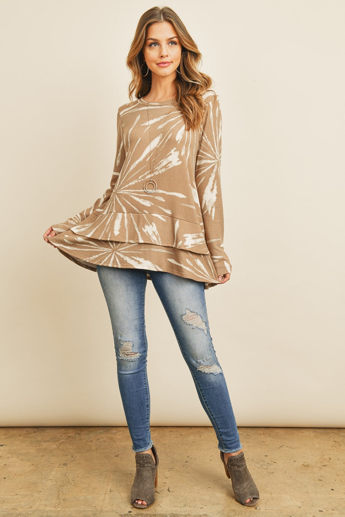 RM Long Sleeves Tied Dye Layered Detail Hem Top
