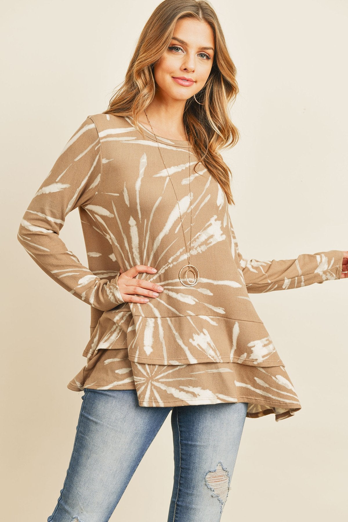 RM Long Sleeves Tied Dye Layered Detail Hem Top