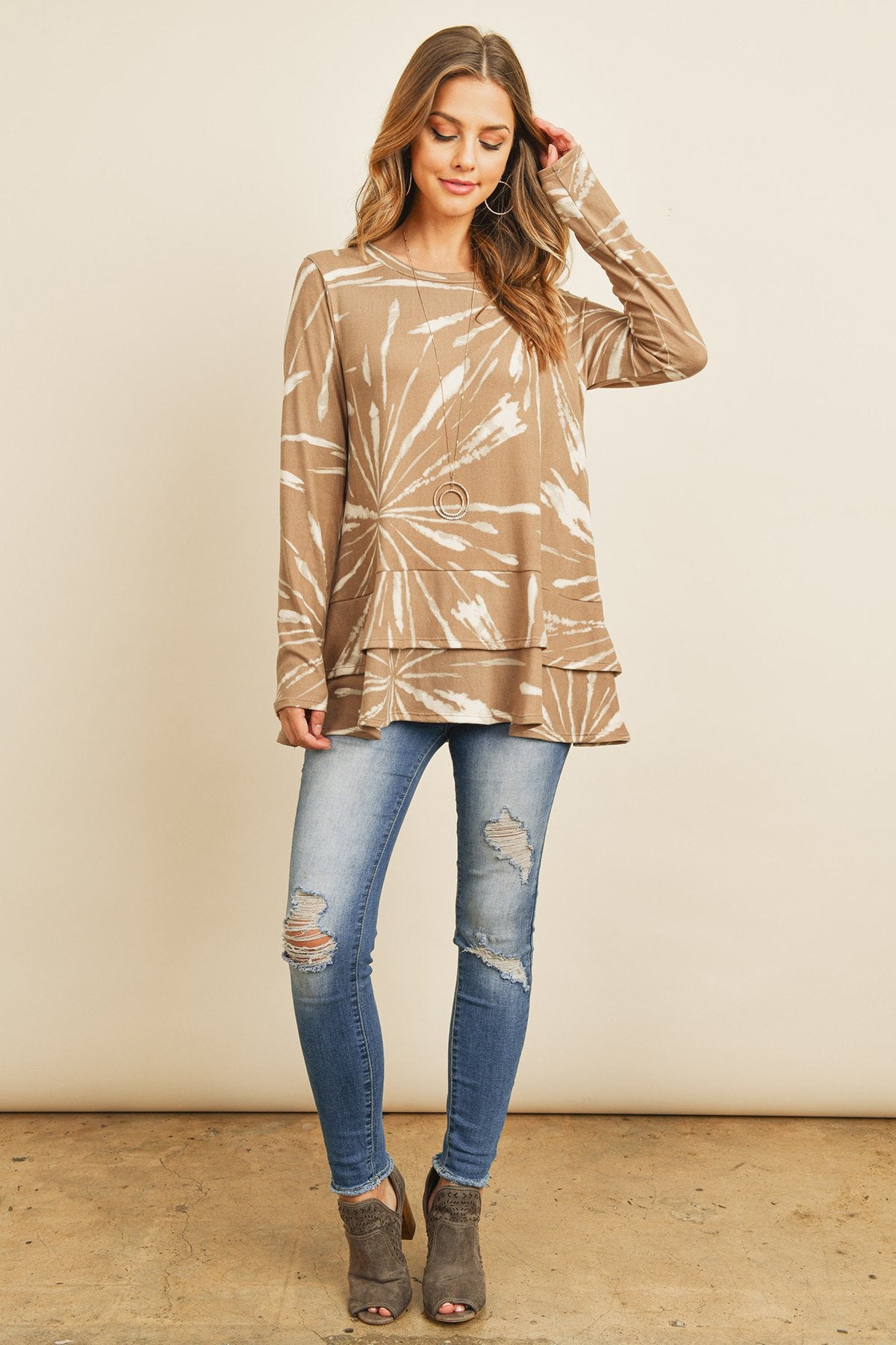 RM Long Sleeves Tied Dye Layered Detail Hem Top
