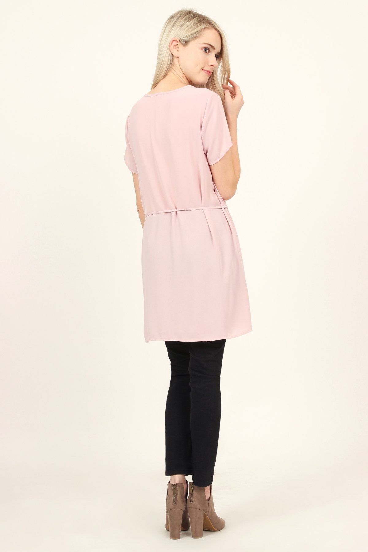 Self Tie Waist Pocket Tunic Blouse