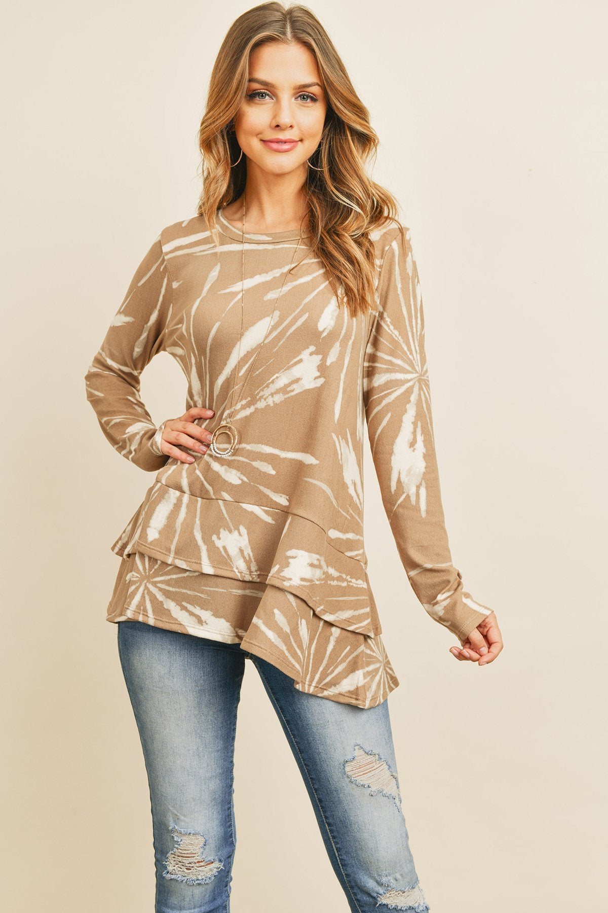 RM Long Sleeves Tied Dye Layered Detail Hem Top