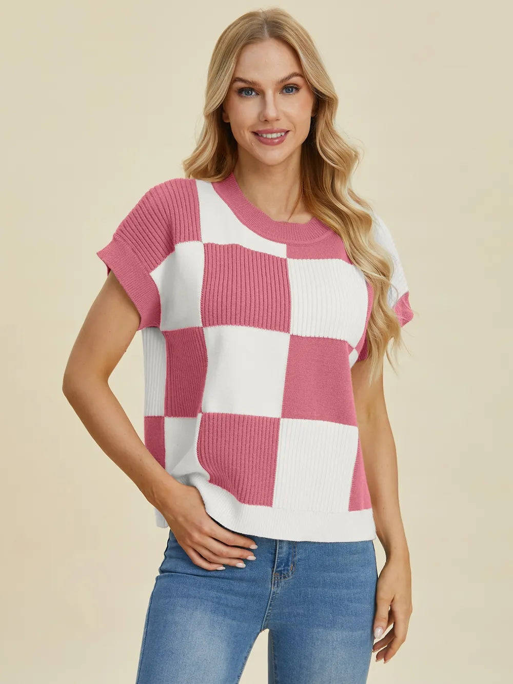 RM Double Take Full Size Checkered Round Neck Short Sleeve Sweater