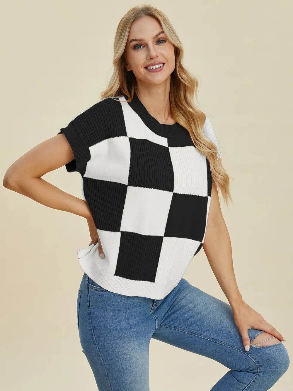 RM Double Take Full Size Checkered Round Neck Short Sleeve Sweater