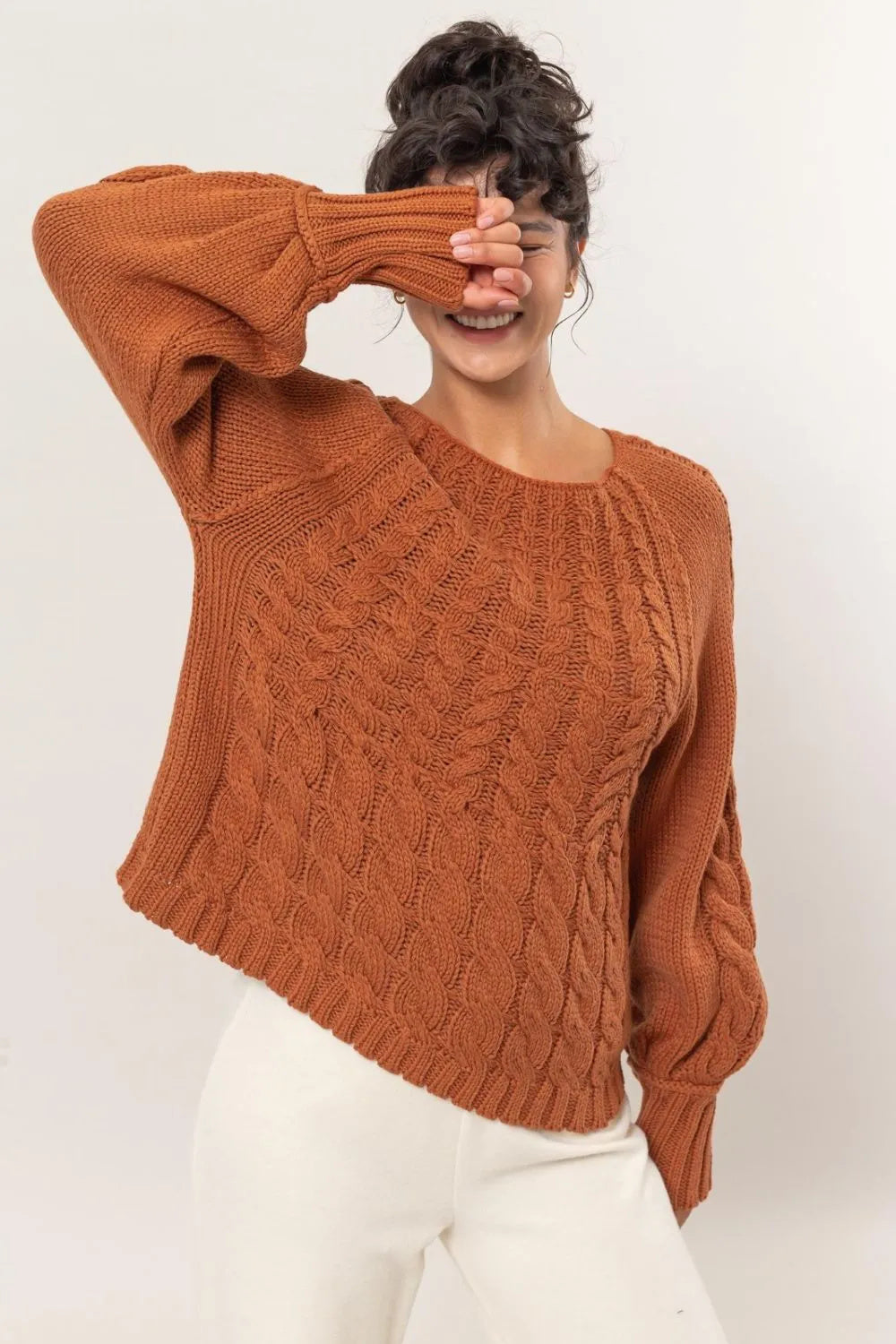 RM Cable-Knit Round Neck Raglan Sleeve Sweater