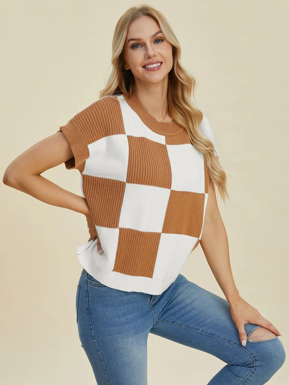 RM Double Take Full Size Checkered Round Neck Short Sleeve Sweater