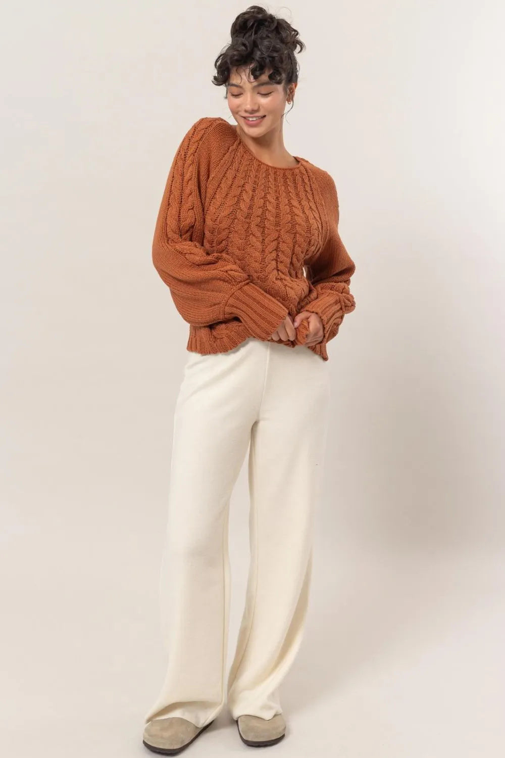 RM Cable-Knit Round Neck Raglan Sleeve Sweater