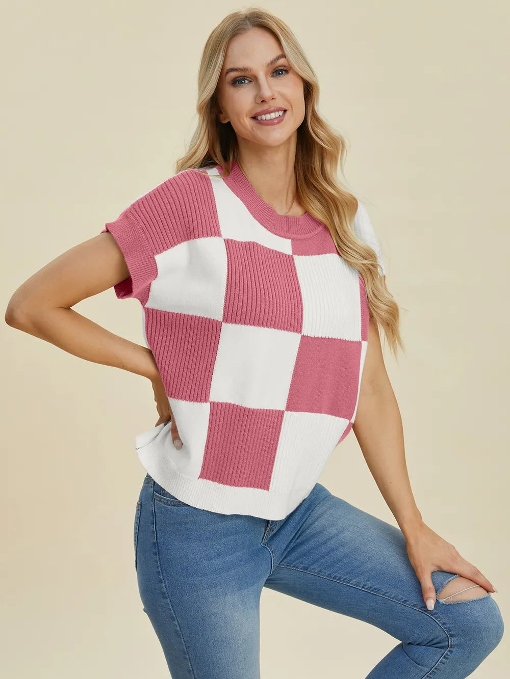 RM Double Take Full Size Checkered Round Neck Short Sleeve Sweater