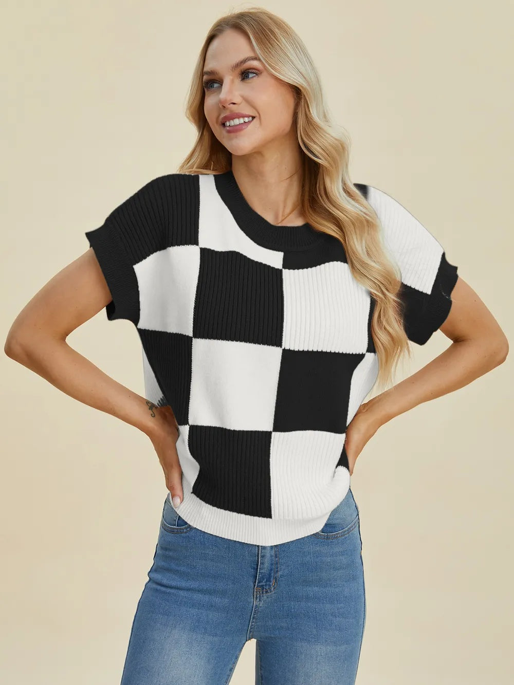 RM Double Take Full Size Checkered Round Neck Short Sleeve Sweater