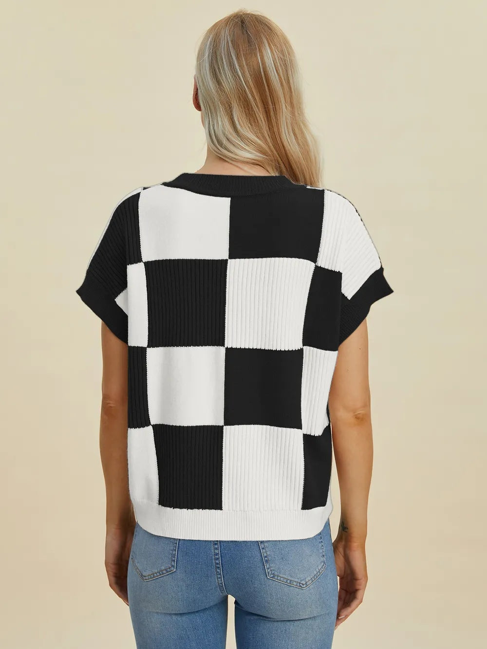 RM Double Take Full Size Checkered Round Neck Short Sleeve Sweater