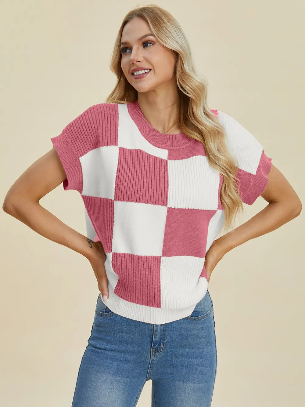 RM Double Take Full Size Checkered Round Neck Short Sleeve Sweater