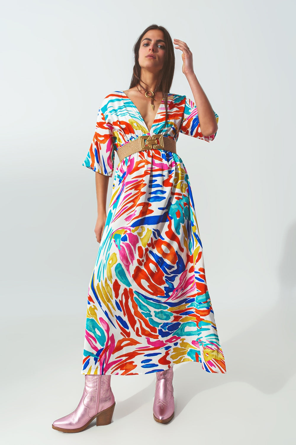 RM V Neck Maxi Dress With Multicolor Print