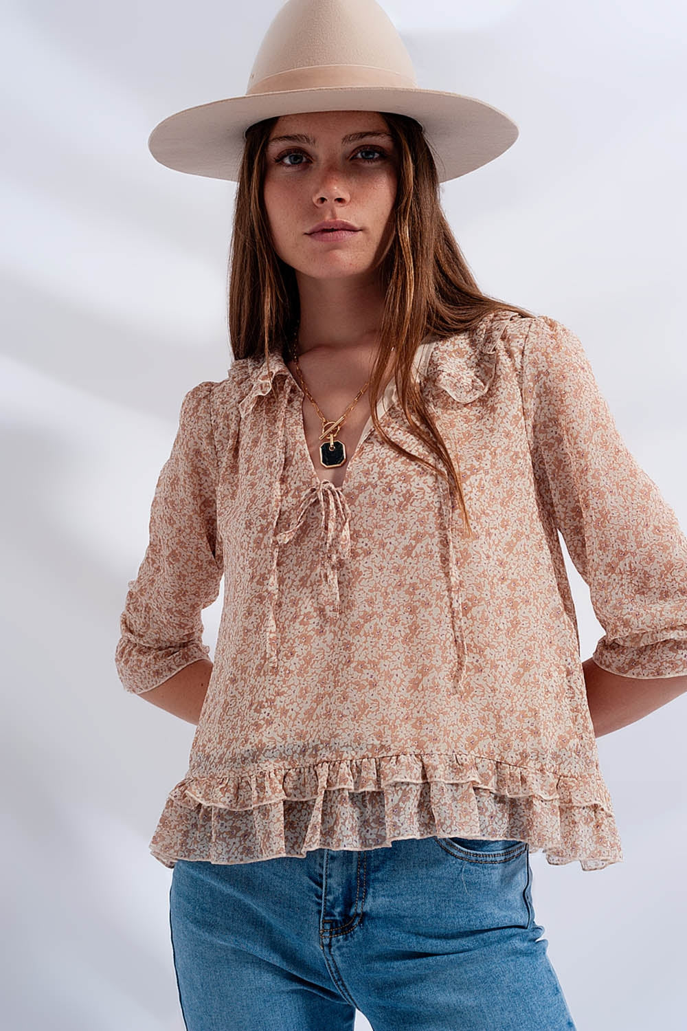 RM Tie Front Chiffon Blouse in Beige Floral Print