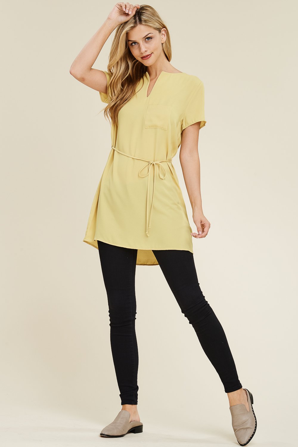 Self Tie Waist Pocket Tunic Blouse