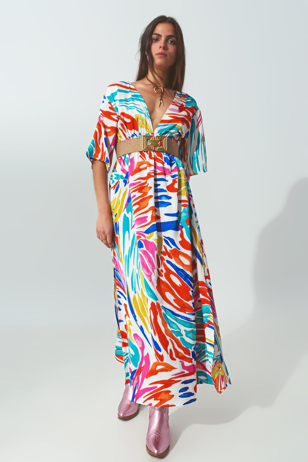 RM V Neck Maxi Dress With Multicolor Print