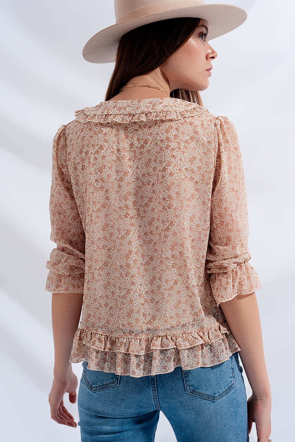 RM Tie Front Chiffon Blouse in Beige Floral Print