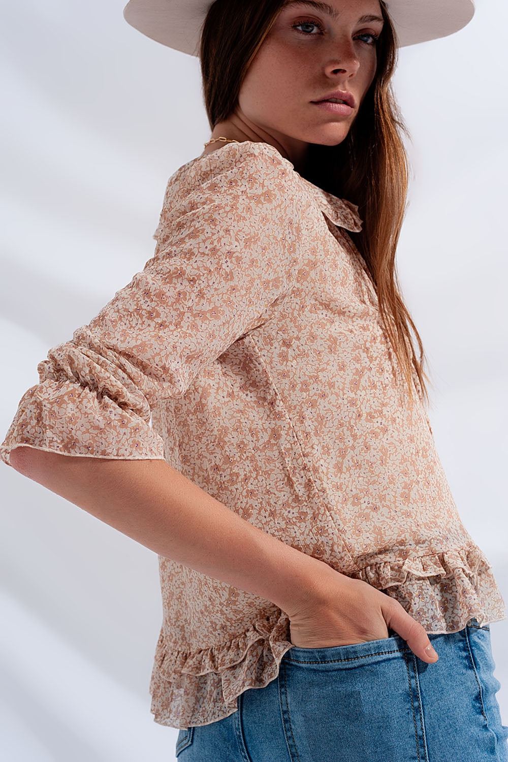 RM Tie Front Chiffon Blouse in Beige Floral Print