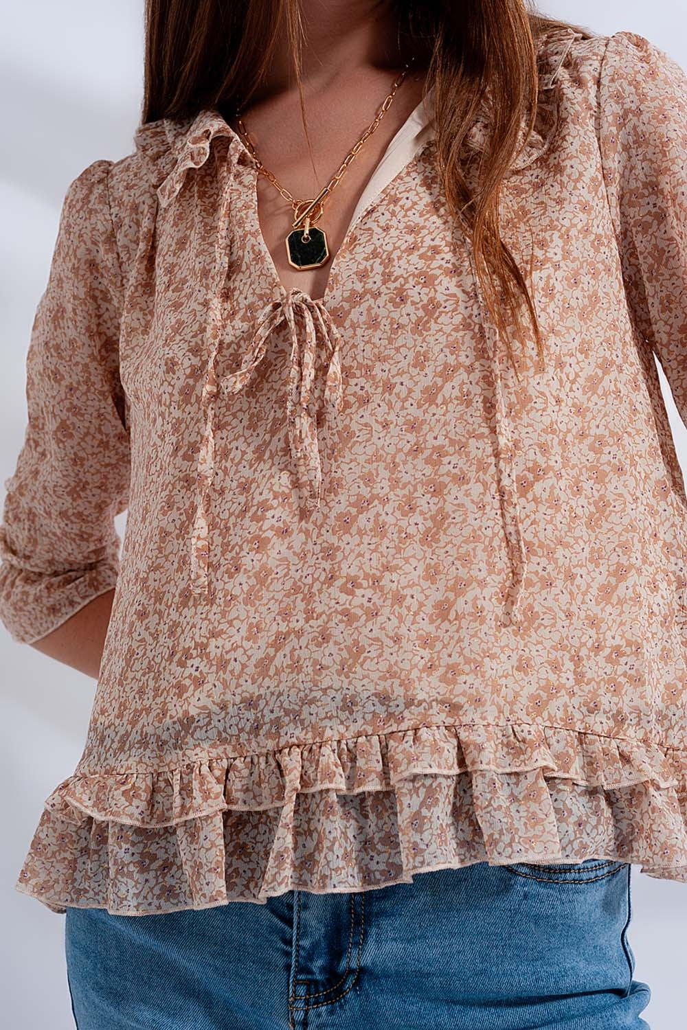 RM Tie Front Chiffon Blouse in Beige Floral Print